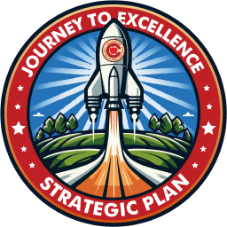 Journey to Excellence logo. Circle badge with a rocket ship launching up into the sky.