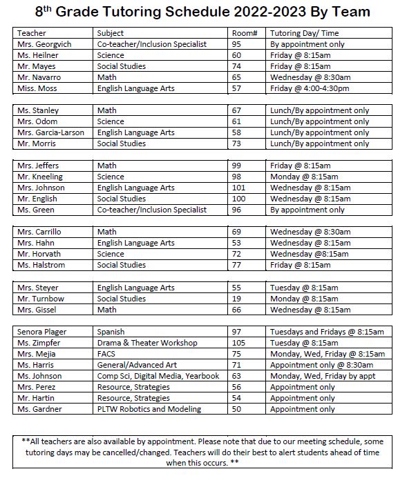 8th Grade Tutoring Schedule