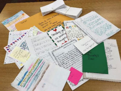 Writing letter to peers at Ponderosa and Paradise Elementary Schools in Paradise, CA