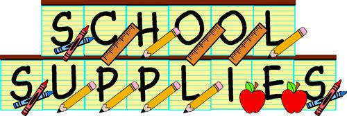 the words school supplies with pencils, rulers and apples 