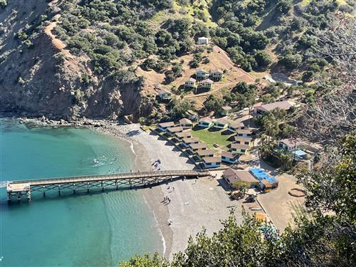 View of Fox Landing from the hike up the hill. Our cabins are on the beach!