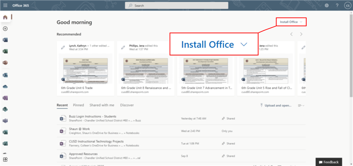 Microsoft/Office 365 home page with Install Office button highlighted 