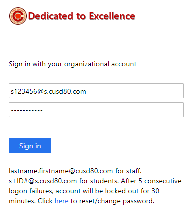 Microsoft 365 login screen with student username and password filled in 