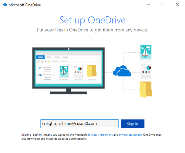 OneDrive Set Up - enter e-mail address 